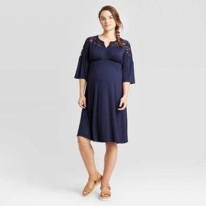 Isabel Maternity L Blue Lace Yoke Dress Stretch